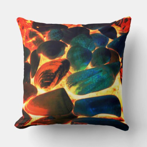 Sea oyster shell on red_hot volcanic lava or ember throw pillow