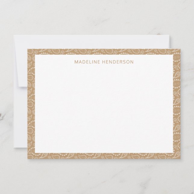 Sea Paisley Pattern Light Brown Monogram Note Card (Front)