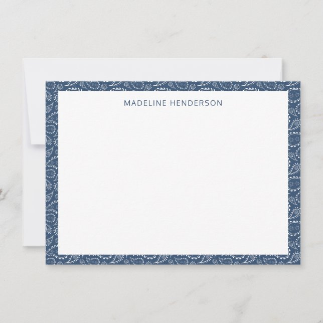 Sea Paisley Pattern Ocean Blue Monogram Note Card (Front)
