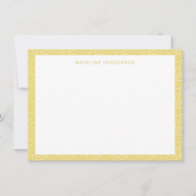 Sea Paisley Pattern Yellow Monogram Note Card (Front)