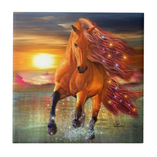 Sea Prancer Fantasy Horse Running on Beach Ceramic Tile