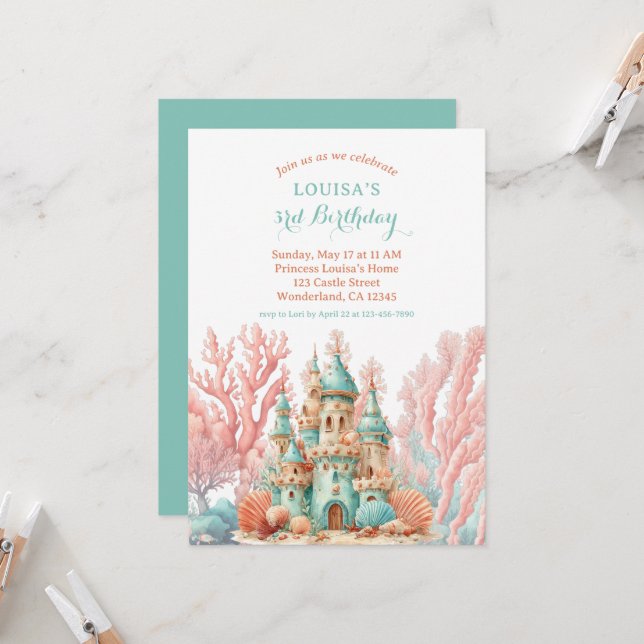 Sea Princess Sand Castle Fairytale Birthday Invitation (Front/Back In Situ)