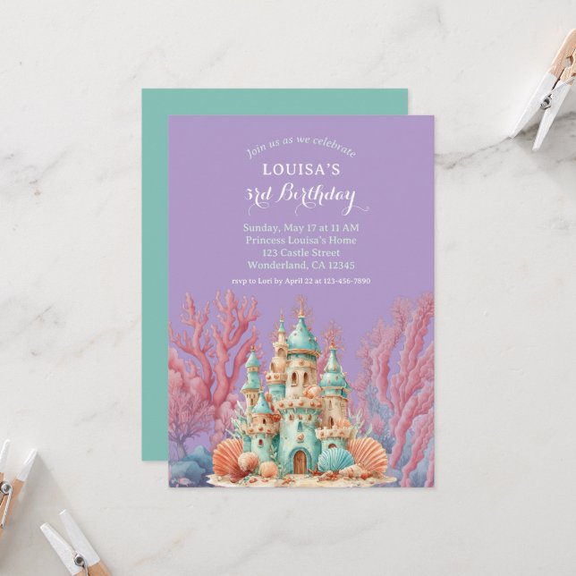 Sea Princess Sand Castle Fairytale Birthday Invitation (Front/Back In Situ)