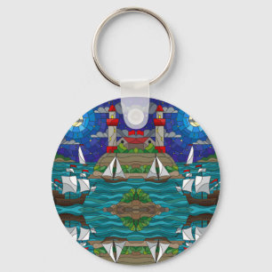 Sea Red Lighthouse Sailing Ships Shore Starry Sky Keychain