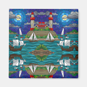 Sea Red Lighthouse Sailing Ships Shore Starry Sky Magnet