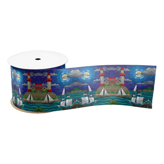 Sea Red Lighthouse Sailing Ships Shore Starry Sky  Satin Ribbon (Spool)