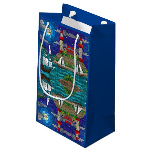 Sea Red Lighthouse Sailing Ships Shore Starry Sky  Small Gift Bag