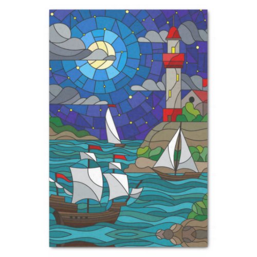 Sea Red Lighthouse Sailing Ships Shore Starry Sky  Tissue Paper