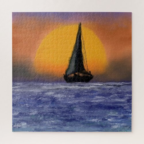 Sea Sailboat Sunset Jigsaw Puzzle Watercolor Art