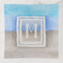 Sea &amp; Sand Blue and Tan Watercolor Monogram Trinket Tray