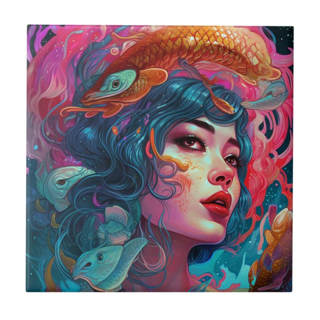 Sea Serpent Hair Lady Fantasy Art Ceramic Tile (Front)