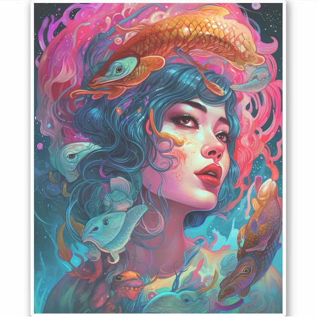 Sea Serpent Hair Lady Fantasy Art Sticker (Front)