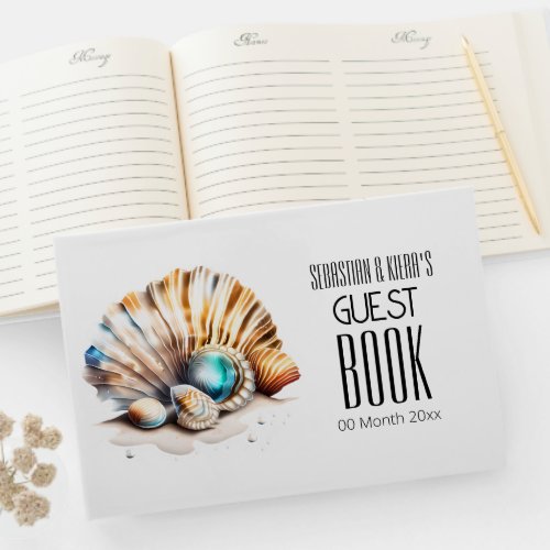 Sea shell 3D iridescent nautical beach seashells Guest Book