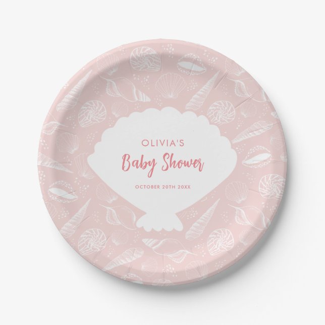 Sea Shell Beach Pink Girls Ocean Baby Shower Paper Plates (Front)