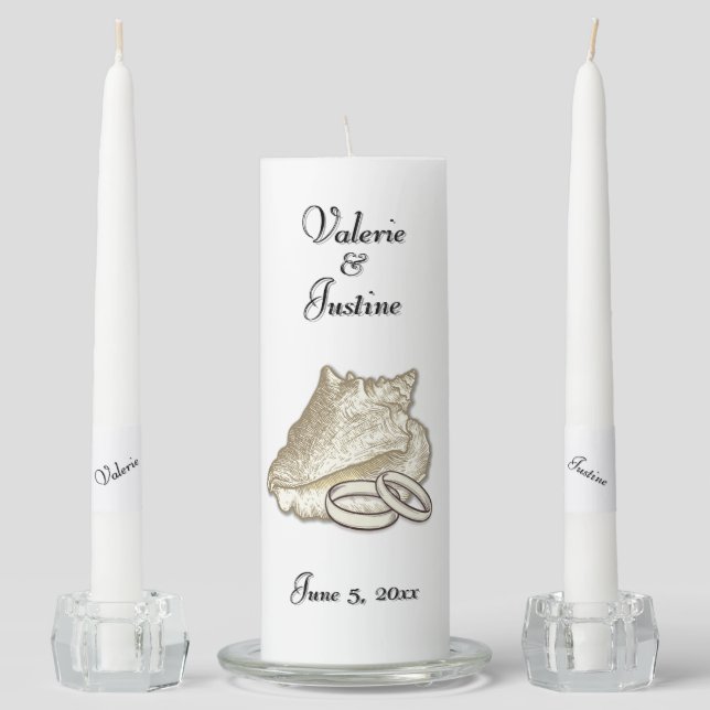 Sea Shell Beach Wedding Two Become One Unity Candle Set (Front)