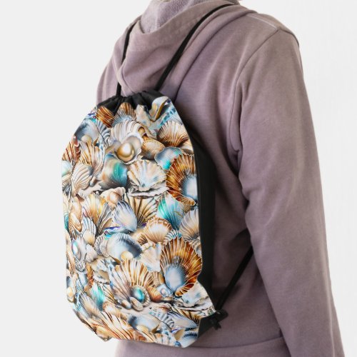 Sea shell collage beach pattern iridescent chic drawstring bag