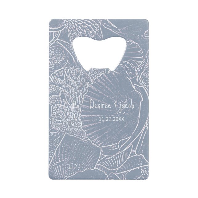 Sea Shell Dusty Blue Coastal Beach Credit Card Bottle Opener (Front)