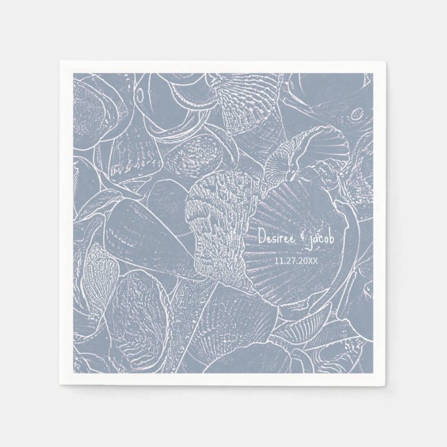 Sea Shell Dusty Blue Coastal Beach Napkins (Front)
