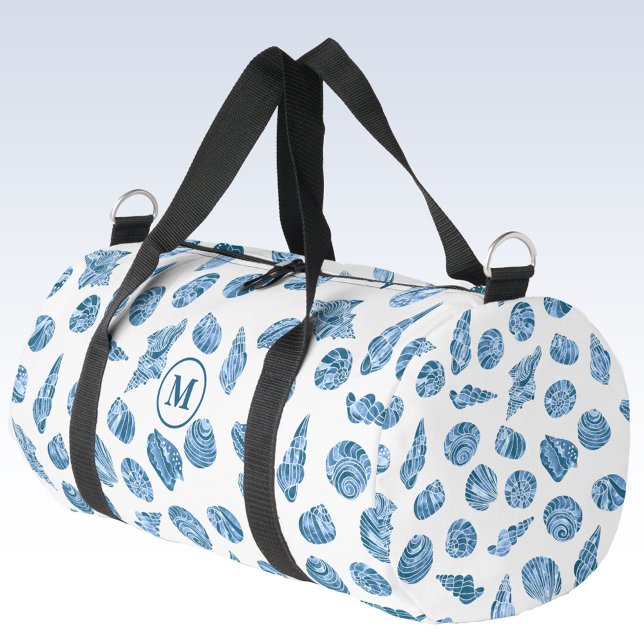 Sea Shell Nautical Monogram Initial Travel or Gym Duffle Bag (Sea shell watercolor blue and white monogram initial personalized duffel bag for gym or travel )