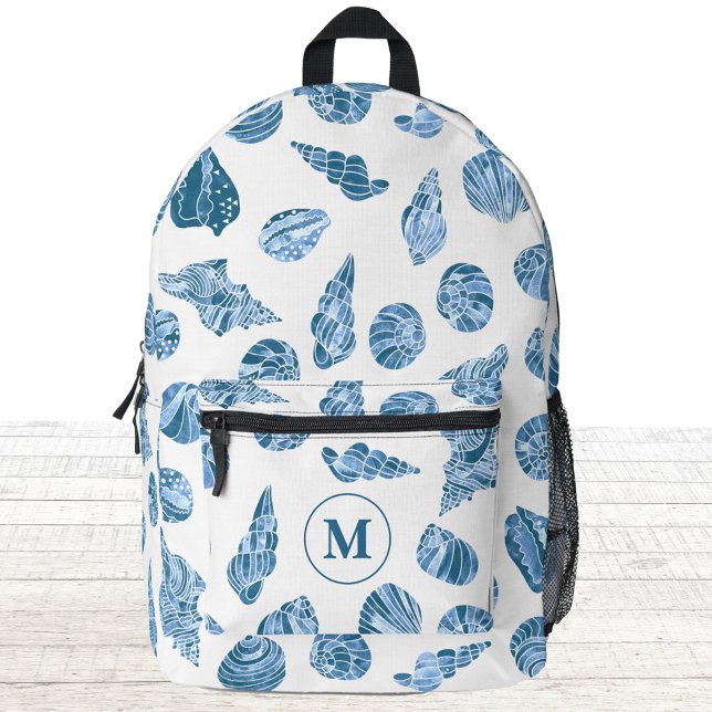 Sea Shell Nautical Watercolor Monogram Initial Printed Backpack (Modern blue and white watercolor sea shell pattern monogram initial personalized backpack)