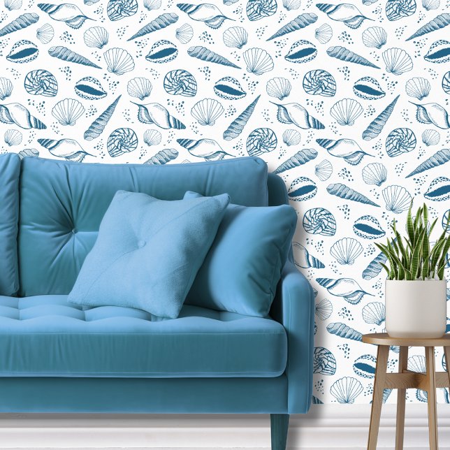Sea Shell ocean beach blue white Wallpaper (Blue and white coastal beach vibe, seashell wallpaper.)