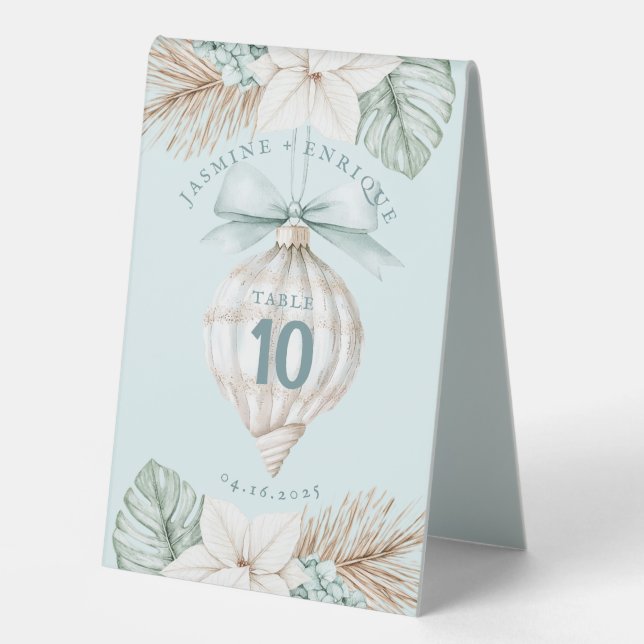 Sea Shell Ornament | Winter Beach Wedding Table Tent (Front)