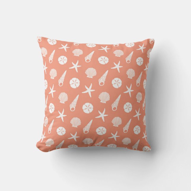 Sea Shell Pattern in Coral Peach and White Throw Pillow (Front)