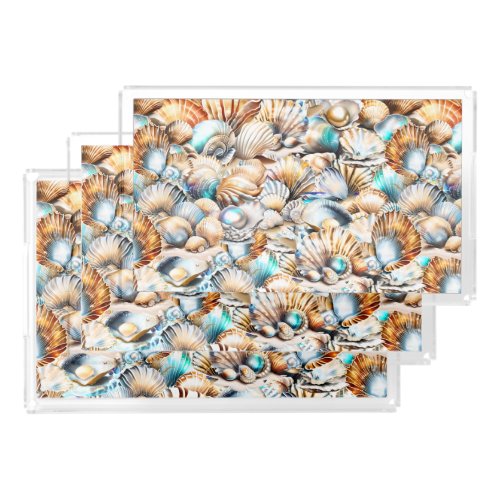Sea shell pattern irridescent beach collage chic acrylic tray