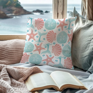 Sea Shell Starfish Sand Dollar Whale Coastal Throw Pillow