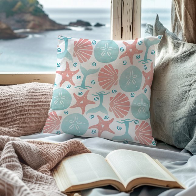 Sea Shell Starfish Sand Dollar Whale Coastal Throw Pillow (Creator Uploaded)