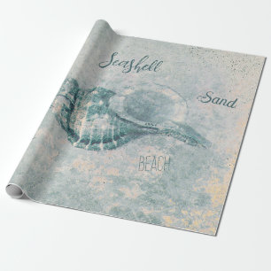Sea Shell Teal Beige Vintage Ocean Beach Script Wrapping Paper