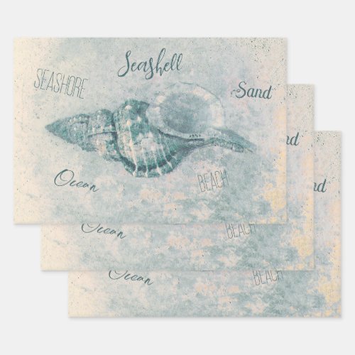 Sea Shell Teal Beige Vintage Ocean Beach Script Wrapping Paper Sheets