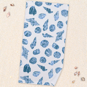 Sea Shell Watercolor Nautical Coastal Blue Beach Towel