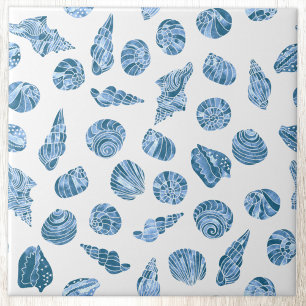 Sea Shell Watercolor Nautical Coastal Blue Ceramic Tile