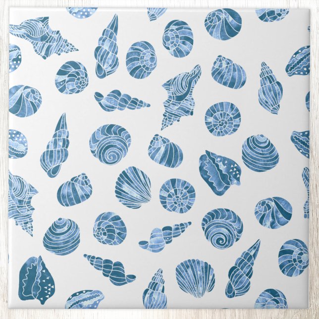 Sea Shell Watercolor Nautical Coastal Blue Ceramic Tile (Sea shell watercolor nautical coastal pattern blue and white ceramic tile)