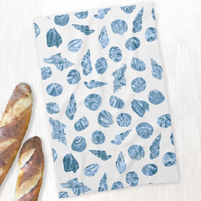 Sea Shell Watercolor Nautical Coastal Blue Kitchen Towel (Sea shell watercolor pattern coastal nautical themed kitchen tea towel)