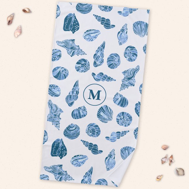 Sea Shell Watercolor Nautical Monogram Initial Beach Towel (Sea shell watercolor pattern blue and white personalized monogram initial beach towel)