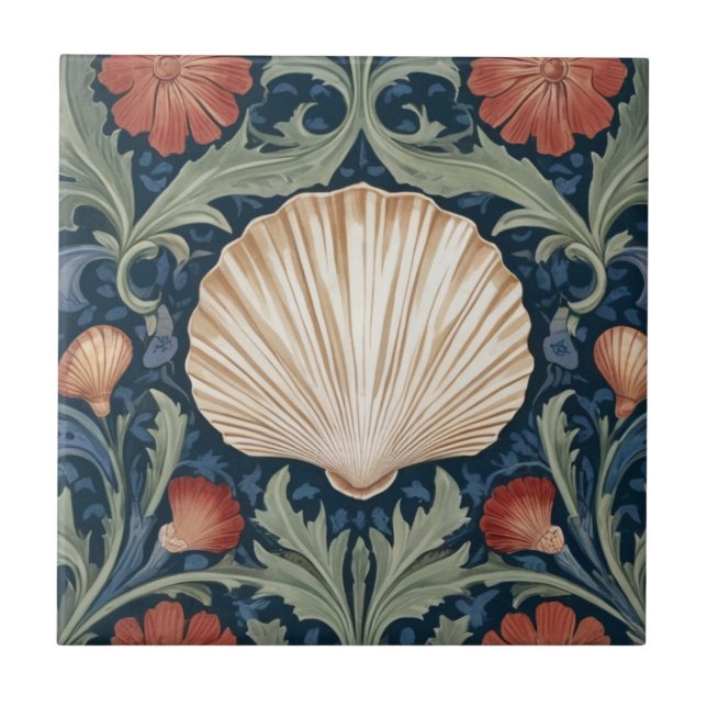 Sea shell William Morris style Nautical botanical Ceramic Tile (Front)