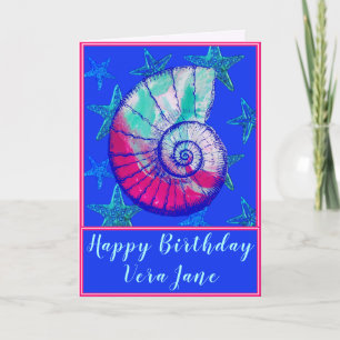 Sea Shell with Starfish Happy Birthday Ocean Blue Card