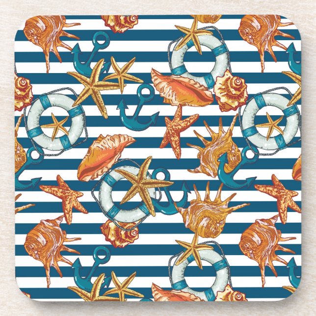 Sea Shells And Anchor Pattern Beverage Coaster (Front)