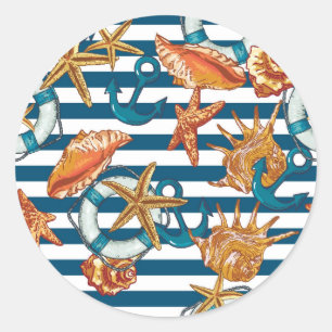 Sea Shells And Anchor Pattern Classic Round Sticker