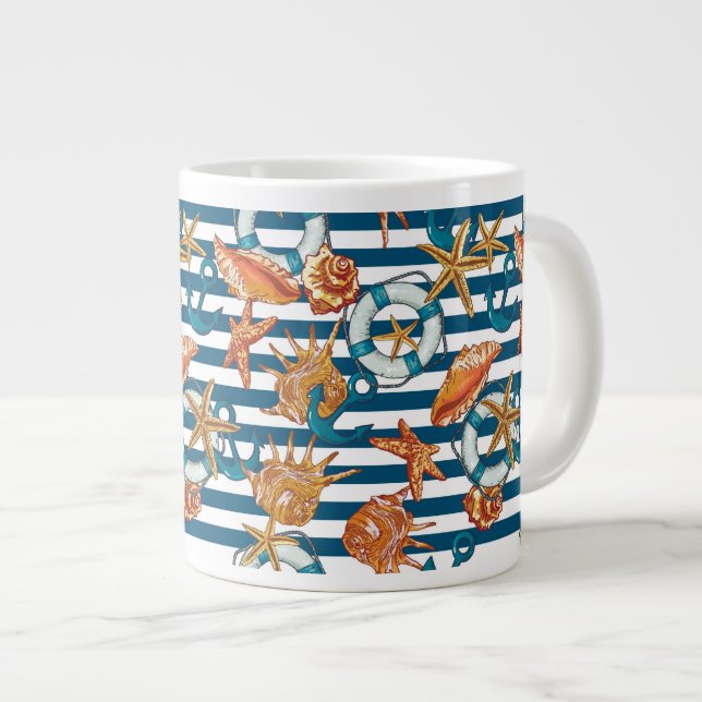 Sea Shells And Anchor Pattern Large Coffee Mug (Front Right)
