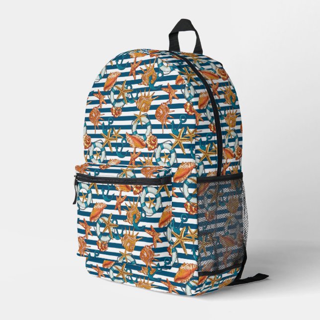 Sea Shells And Anchor Pattern Printed Backpack (Back Corner Right)
