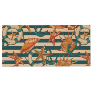 Sea Shells And Anchor Pattern Wood USB Flash Drive