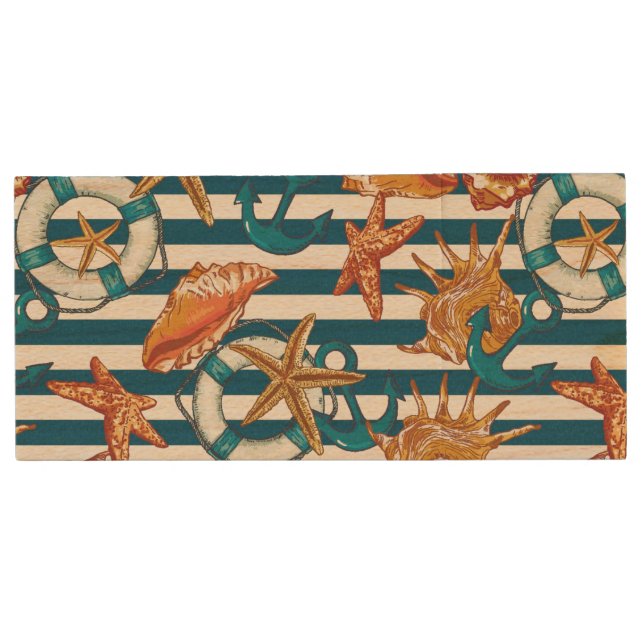 Sea Shells And Anchor Pattern Wood USB Flash Drive (Front)