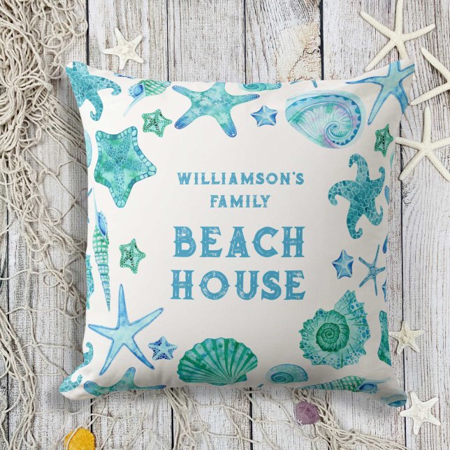 Sea Shells and Starfish Family Beach House  Throw Pillow (Sea Shells and Starfish Family Beach House Throw Pillow)