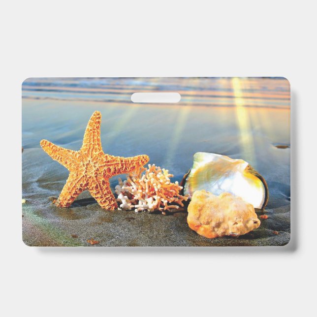 Sea shells and starfish on beach badge (Front)