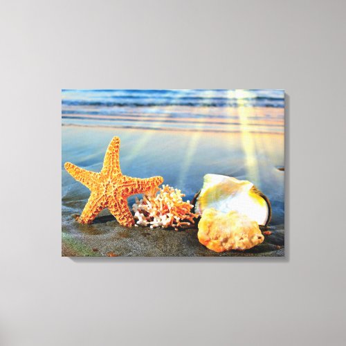 Sea shells and starfish on beach canvas print