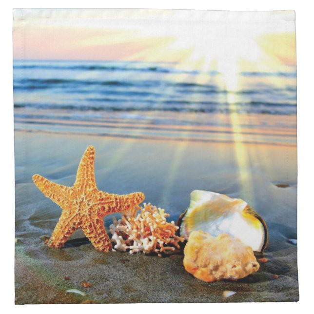 Sea shells and starfish on beach cloth napkin (Front)
