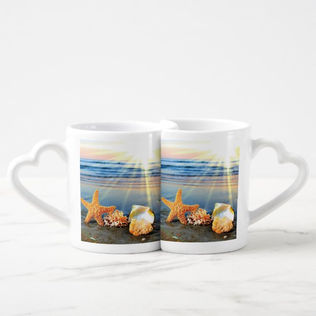 Sea shells and starfish on beach coffee mug set (Front Nesting)